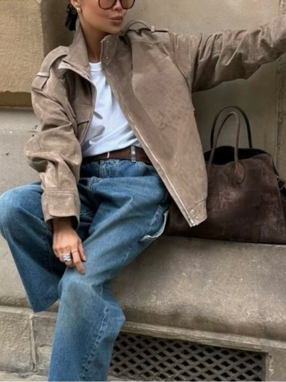 Tan leather bomber jacket